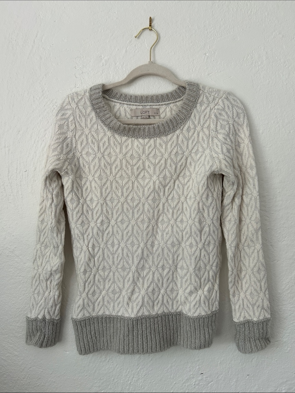 LOFT Cream Cable Knit Crewneck Sweater with Gray Trim
